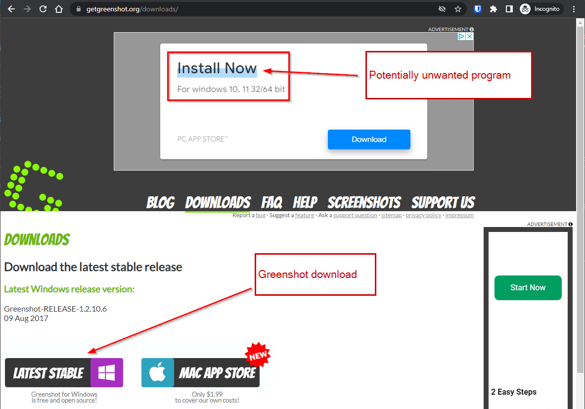 Greenshot Website with a Potentially Unwanted Program (PUP) Advertisement