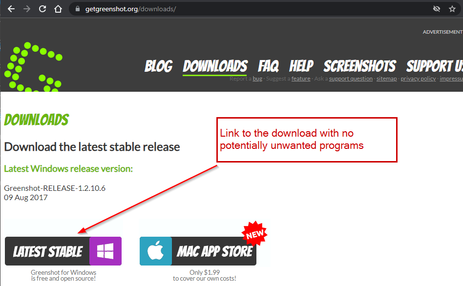 Greenshot Website with a Potentially Unwanted Program (PUP) Advertisement