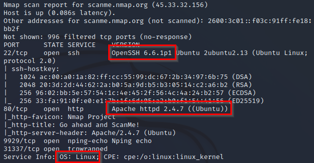 nmap output with version information