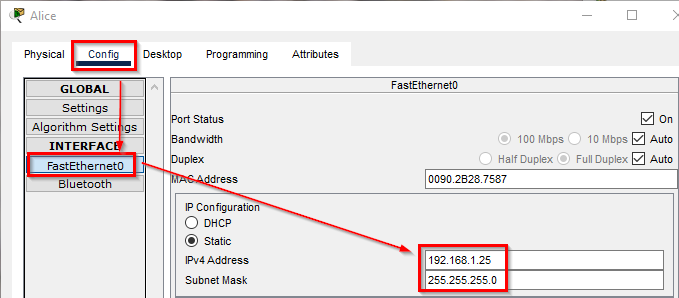 Set the Alice PC IP Address and Subnet Mask