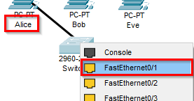 Connect Alice to the Switch's FastEthernet0/1 Interface