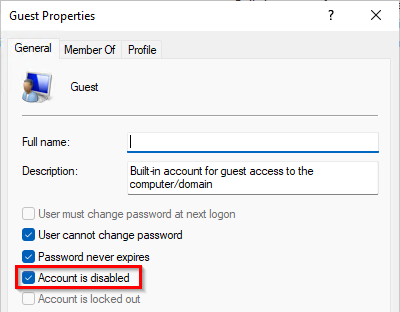 Guest Account Properties