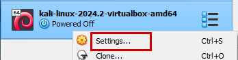 Access Kali VM Settings